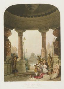 Egy hindu templom oszlopcsarnoka, más hindu és mahomedi épületekkel együtt